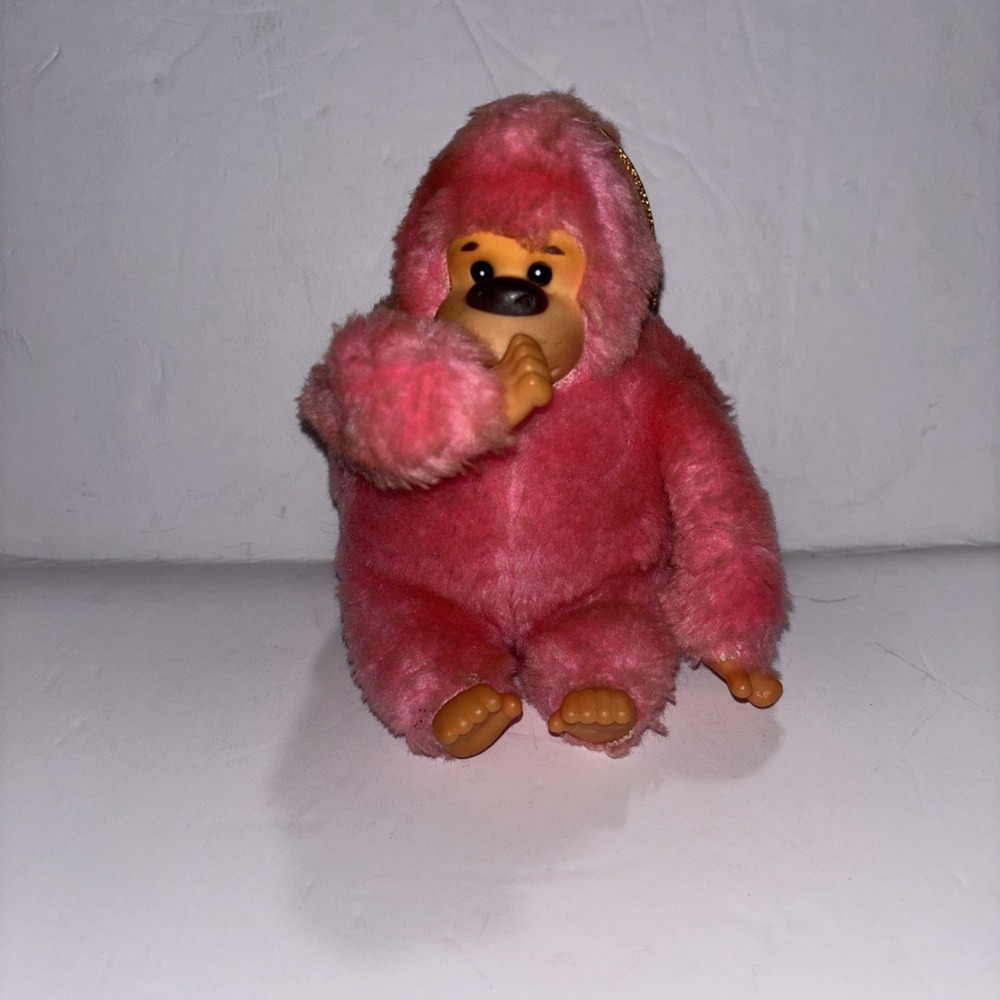 Vintage Fun World Pink Monkey Thumb Sucking Plastic Face Plush Stuffed Animal 5"